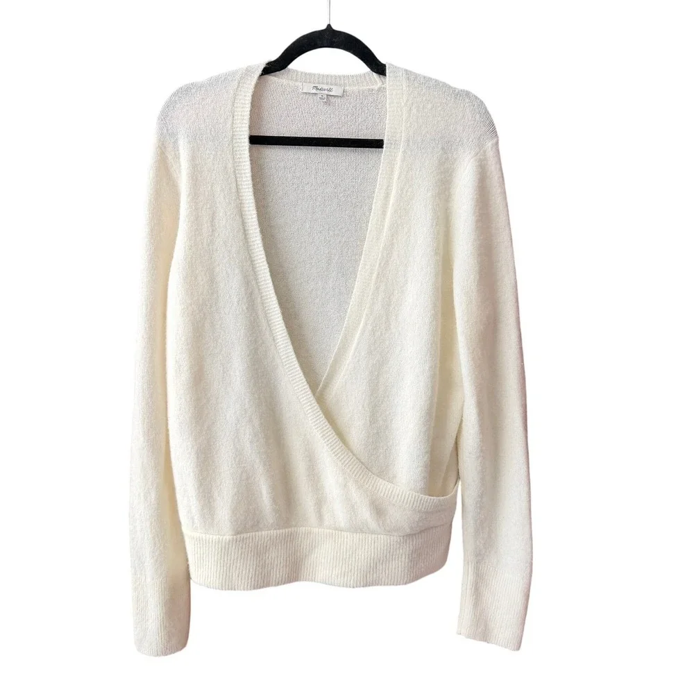Madewell Sweater Women's Medium Cream Alpaca‎ Merino Wool Faux Wrap Pullover